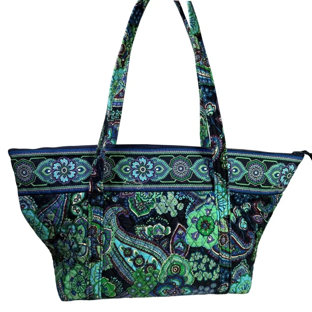 Vera Bradley Quilted Tote Bag Emerald Paisley Print Top Zip Shoulder Bag - Picture 3 of 12